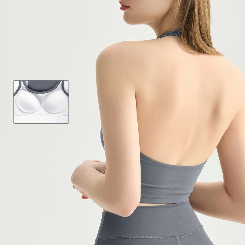 DANCEFISH 2023 Women Chic U Collar Top Halter Backless Design Low Intensity Sportwear Daily Wear Walk Pilates Yoga Bra
