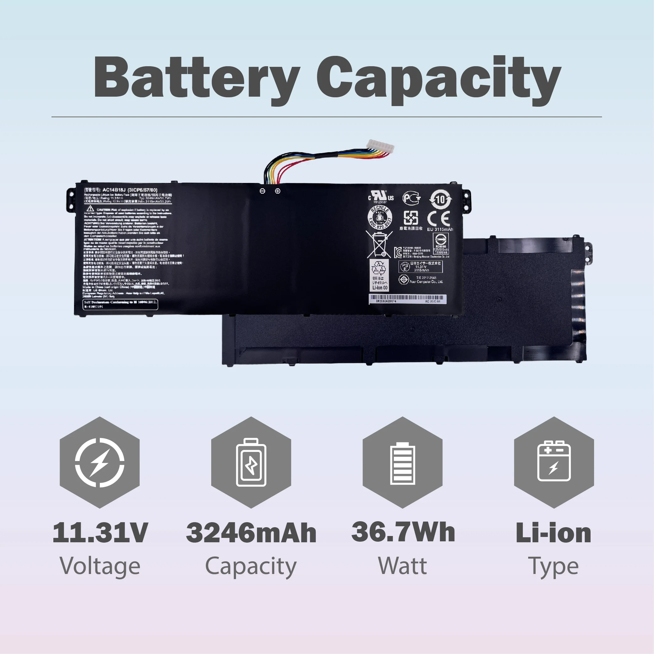AC14B18J AC14B13J 3246mAh 36.7Wh For Acer Aspire V3 ES1-511 ES1-512 V3-111P TravelMate B115 B116 MS2394 3 Cells