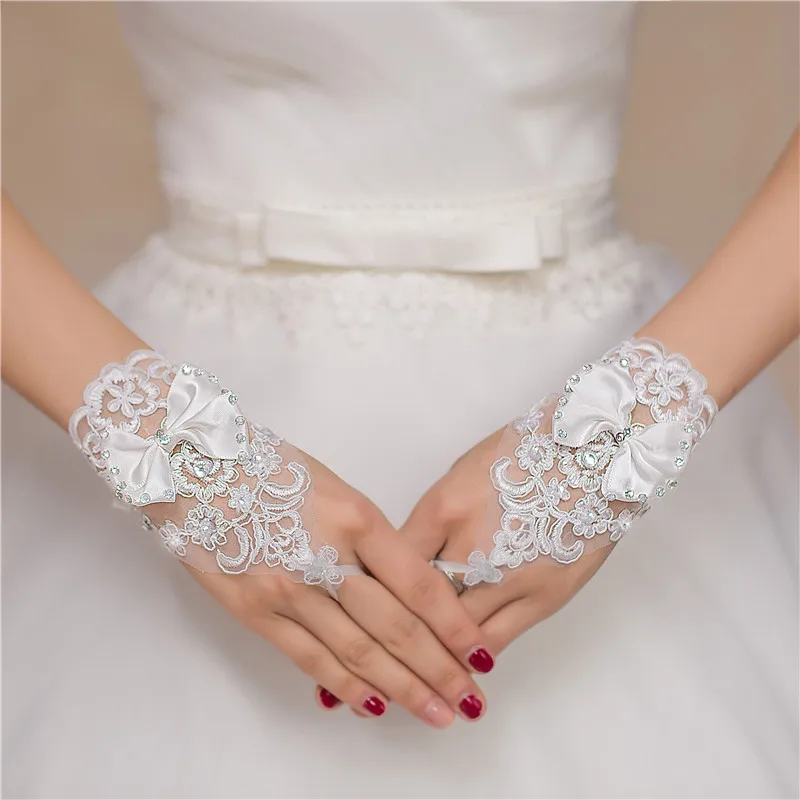 White Lace Wedding Rhinestone Pearl Floral Bridal Women Lace Short Lace Gloves