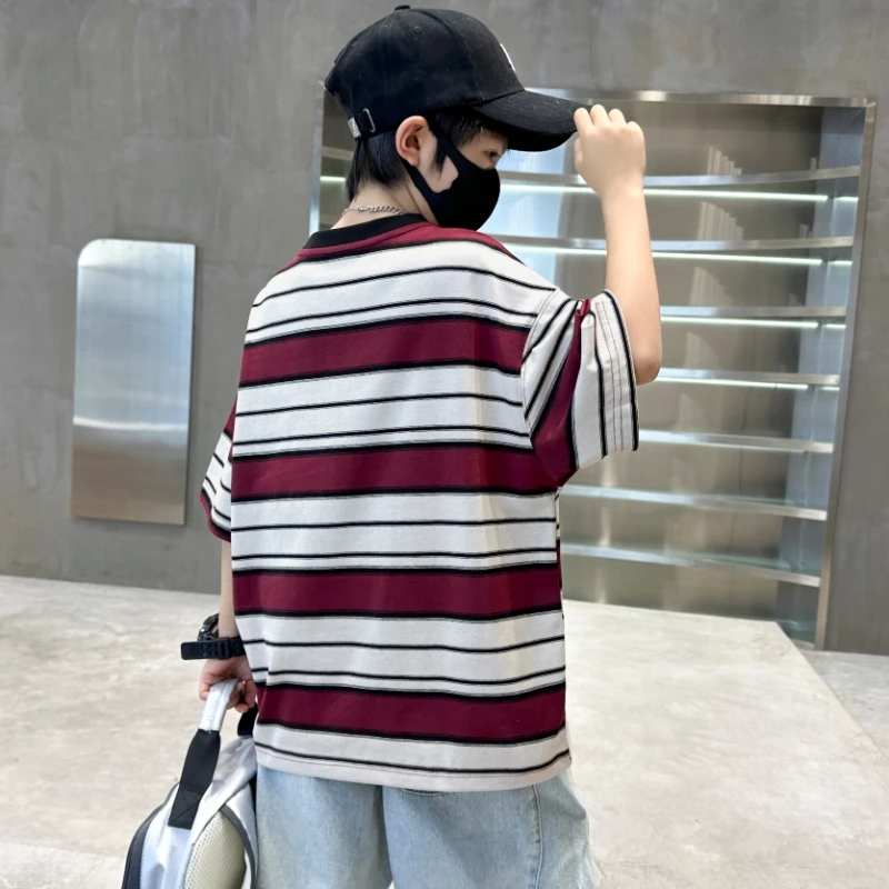 New Summer Tween Child Short Sleeve T-shirt with Headphones Print for Boy Fashion Stripe Tshirt Street Wear Kids Cotton Tee Tops