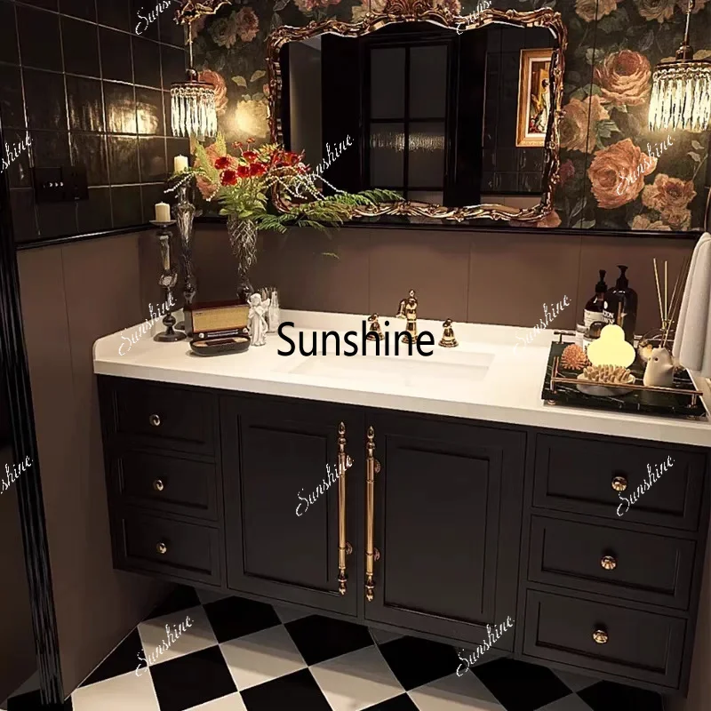 French retro bathroom cabinet combination washstand rock slab hot bending ceramic integrated basin