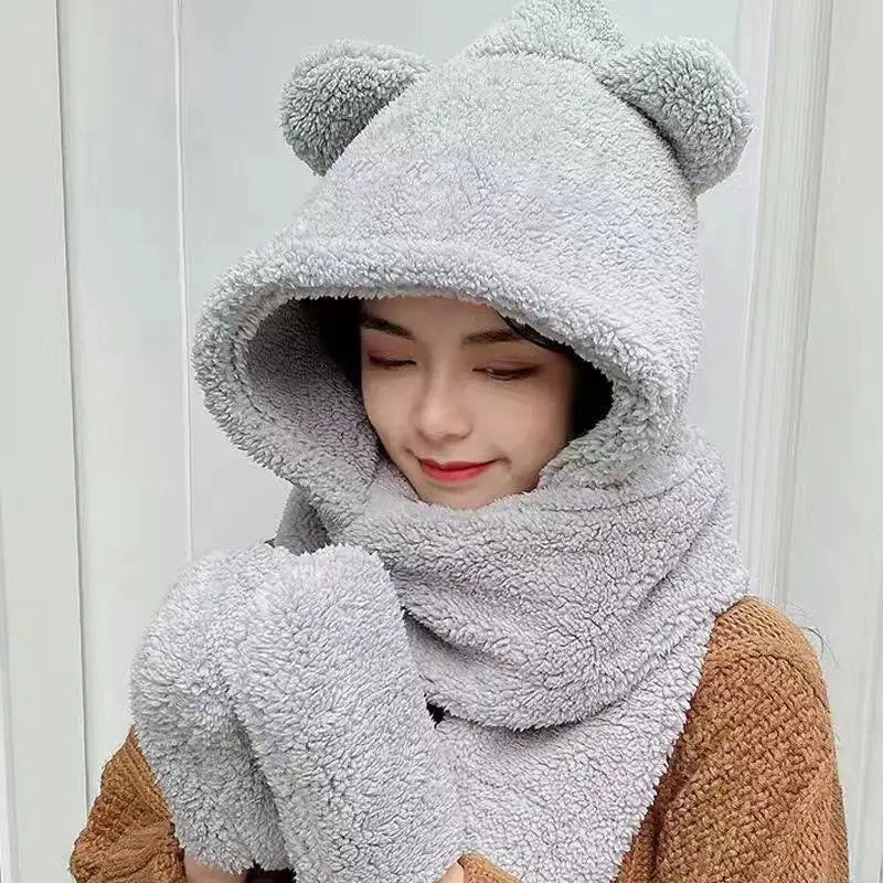 New Cute Bear Ear Hat Scarf Gloves Set Winter Women Beanies Caps Warm Casual Plush Hats Casual Solid Fleece Girl Kawaii Present