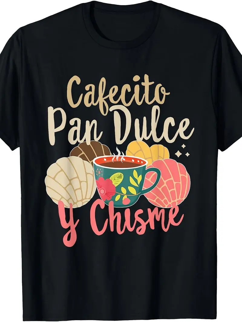 Hispanic Mexican Cultural T-Shirt 180G Round Neck Tee With Concha Bread Cafecito Coffee Sweet Bread Machine Washable Apparel