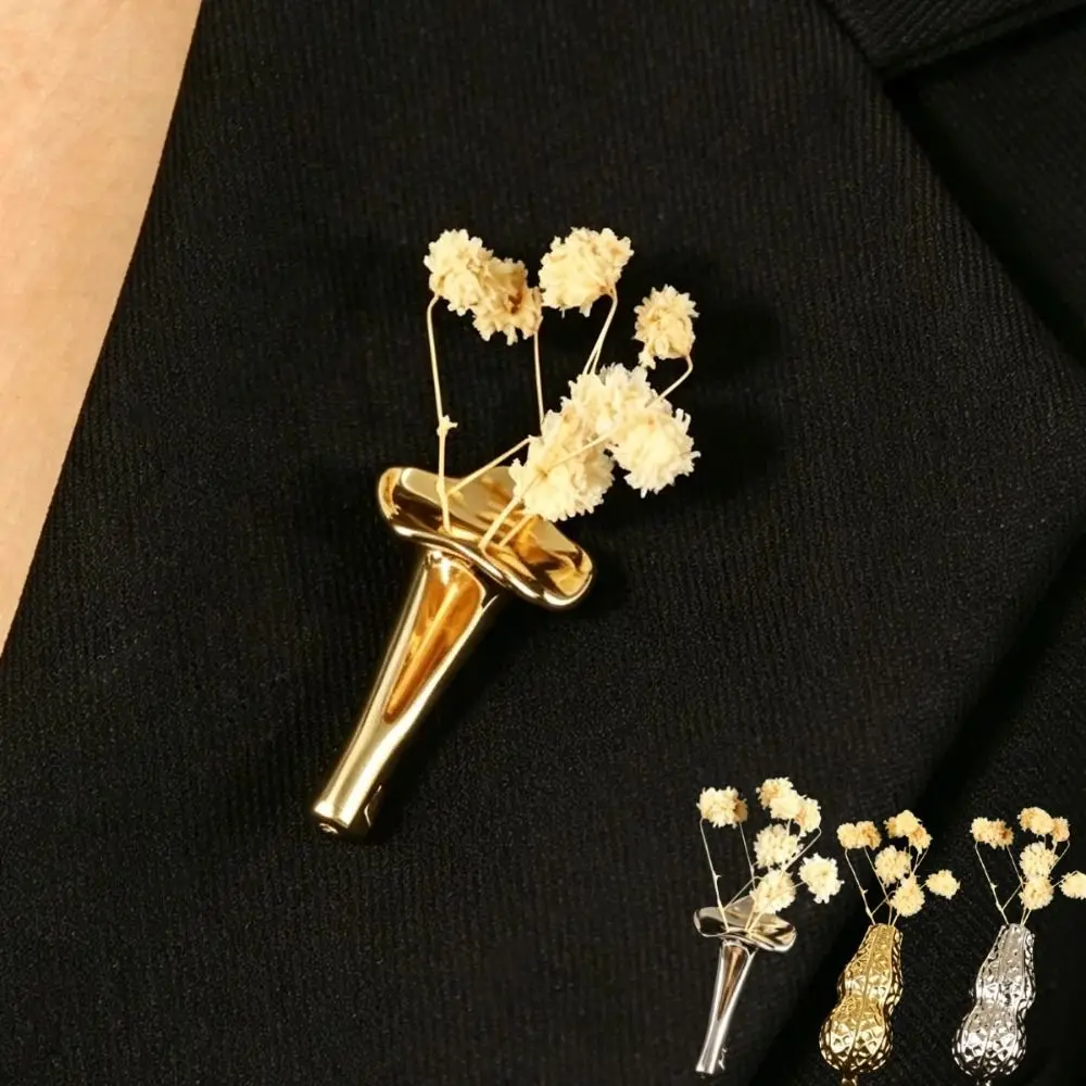 Creative Vintage Flower Insertable Brooch Gold Silver Bouquet Flower Holder Brooch Luxury French Style Vase Shape Brooch Men