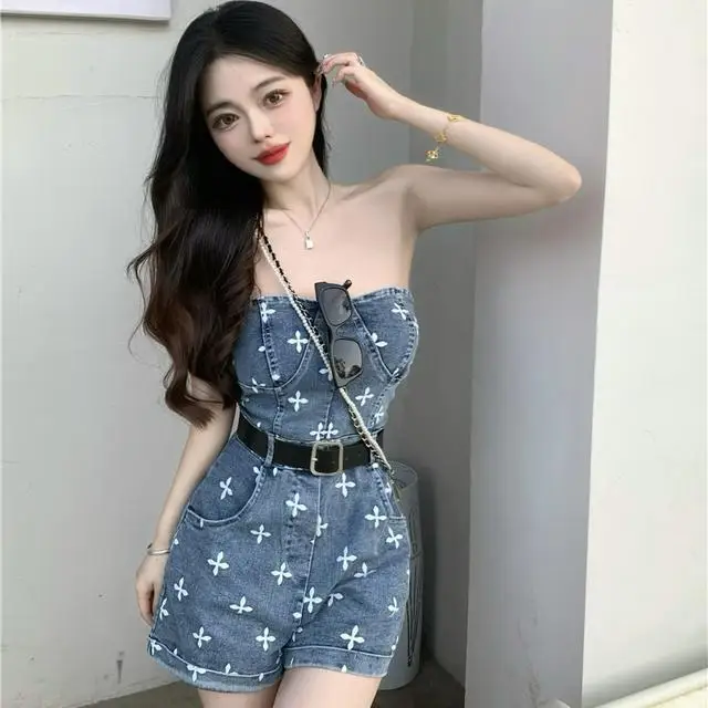 

High Quality Jeans Rompers Summer Women Beach Playsuits Slash Neck Sexy Denim Party Sleeveless Overalls Fashion Vestidos