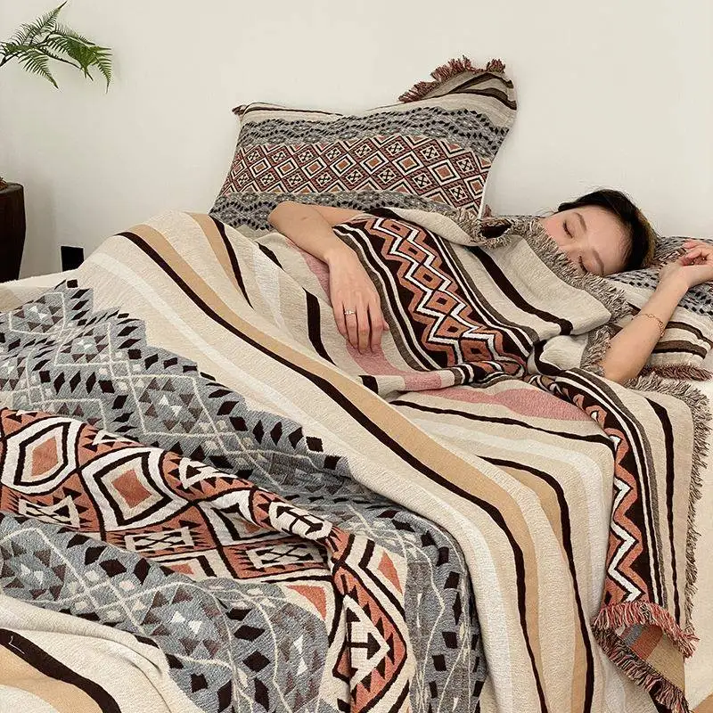 

Плед из чистого хлопка для сна, путешествий, покрывало для дивана, полотенце, с геометрическим узором, простой стиль, домашний текстиль