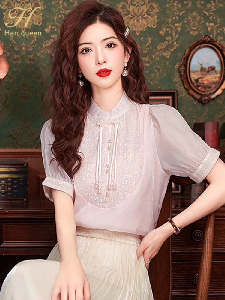 H Han Queen Summer Beaded Sequins Tops Simple Office Lady Chiffon Blouse Short Sleeve Shirt Casual Korean OL Loose Blouses Women