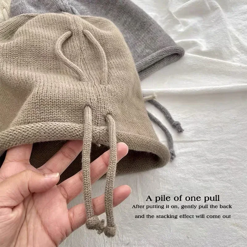 Fashion Winter Kintted Drawstring Baggy Slouchy Beanie For Women Autumn Ear Warm Skullies Cap Solid Color Bonnet Girl Woolen Hat