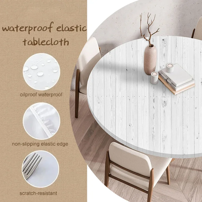 Waterproof Elastic Round Wooden Textured Tablecloth Suitable Fo Kitchen Dining,outdoor Activities,garden Party,kitchen Cloth Art