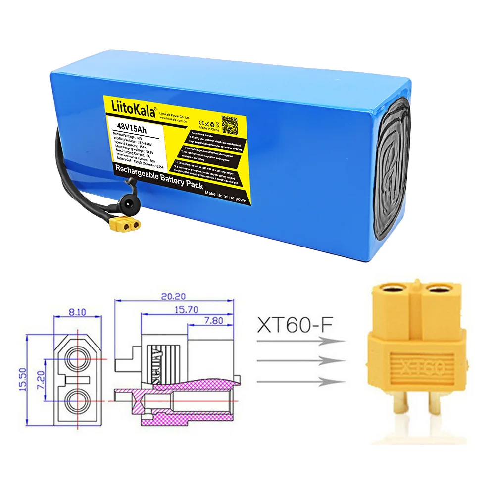 LiitoKala 48V15Ah 18650 E-bike battery li ion battery pack bicycle scoot conversion kit bafang 1000W XT60 plug 54.6V Charger