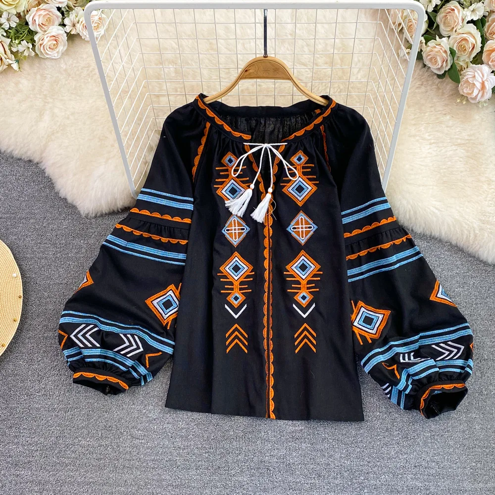 Ukrainian Vintage Line Loose Ethnic Style Embroidery Lantern Sleeve Women Shirt with bows Doll Collar Spring Shirts