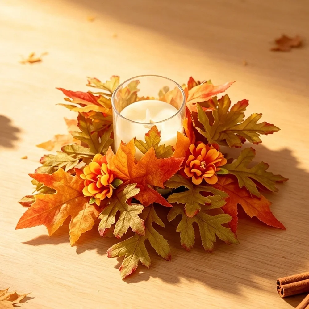 Fall-Themed Table Decor with Plastic Leaf Candle Holder Garland for Centerpiece Mantel and Shelf Display Options
