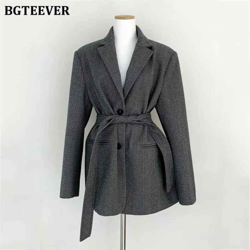 BGTEEVER Winter Notched Collar Single-breasted Woolen Blazer Women Elegant Full Sleeve Lace-up Thicken Women Suit Jackets