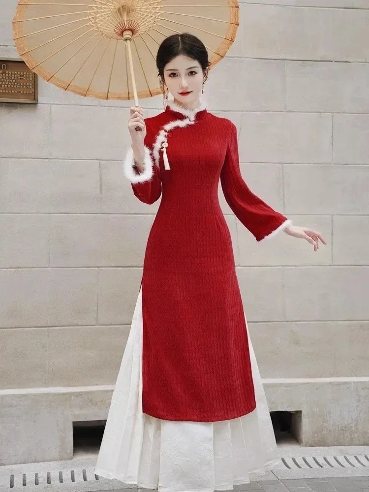 

Wine Red Long Wedding Cheongsam Women Slim Long Sleeve Dress Chinese Style Vintage Dress Traditional Improved Qipao