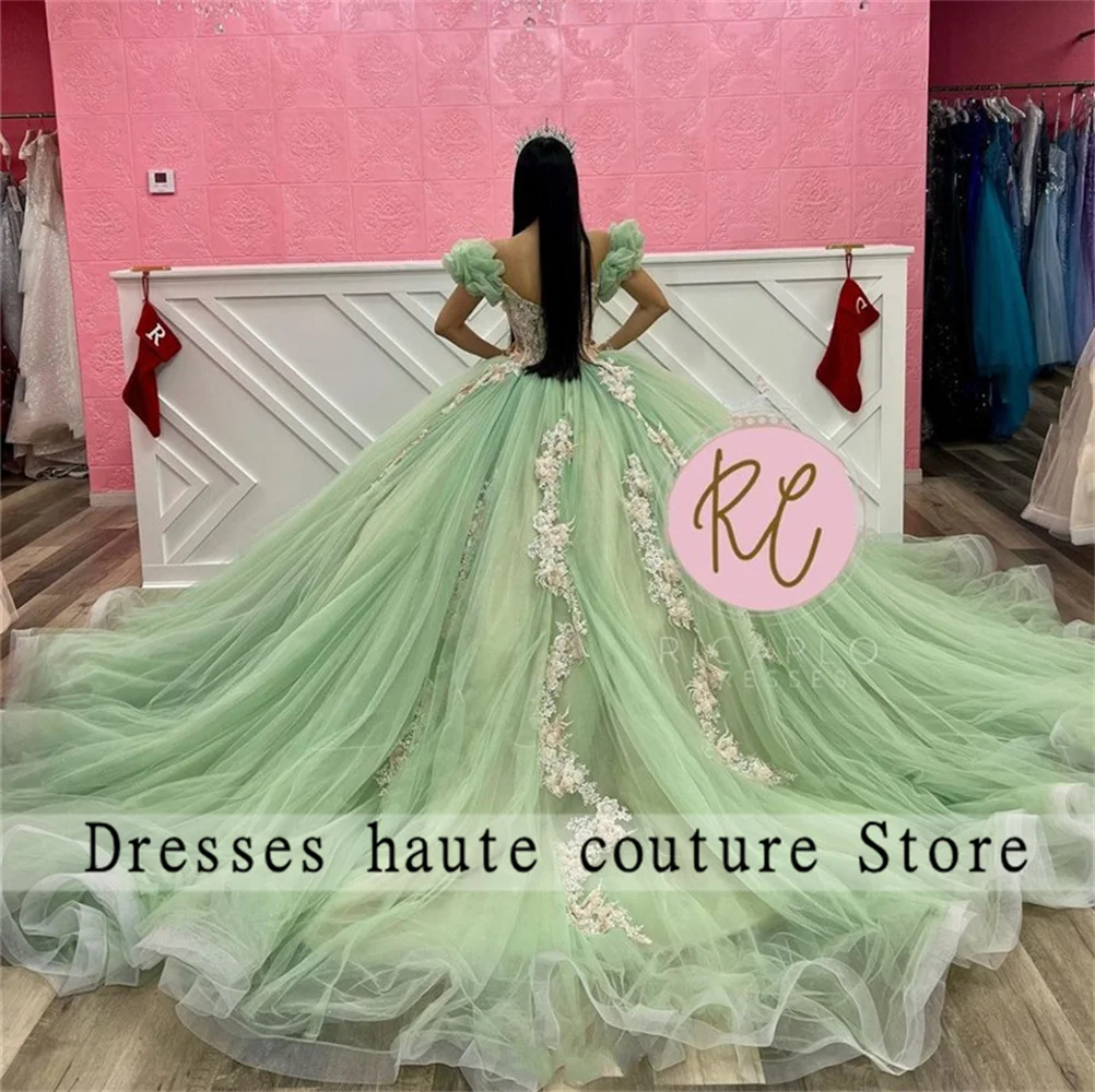 Gaun Mint hijau Tulle Quinceanera 2024 gaun bola applique renda manik-manik mewah manis 16 gaun Vestidos De 15 quincea20era