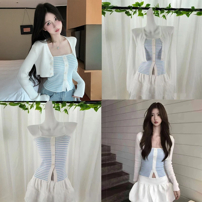 {MX} سترة نسائية كاجوال أنيقة مخططة بأزرار بدون أكمام، سترة قصيرة لطيفة وأكمام طويلة