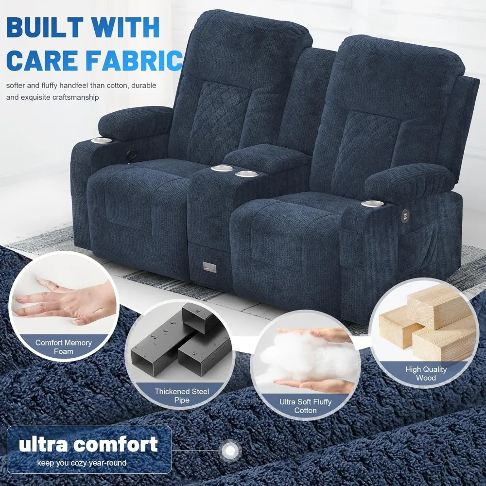 Reclining Loveseat Sofa with Storage Console, Recliner Chair with USB Ports, 2 Cell Phone Holders, Cup Holder, Loveseat Couch