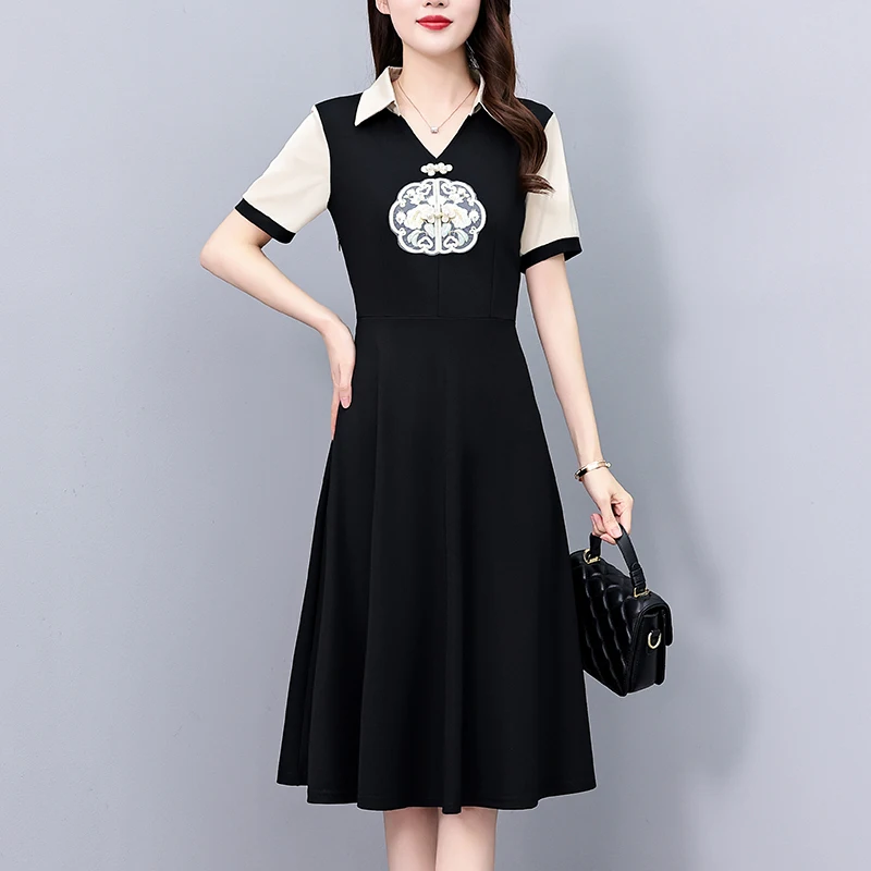 Women Cotton T-shirt Dresses Summer Female V Neck Short Sleeve Large Size 5XL Elegant A Line Black Vintage Embroidery Vestidos