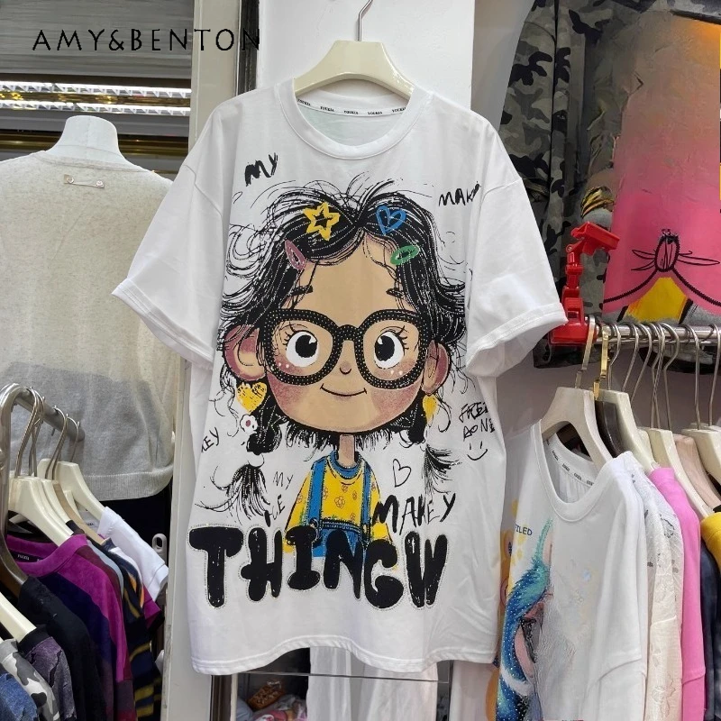

Spring Summer Korean Style Loose And Thin Top Pullover Versatile Cartoon Glasses Girl Printed Short-sleeved T-shirt Women's Tees