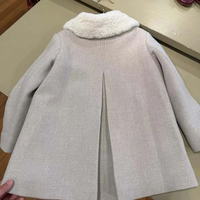 ما قبل البيع 2025 الخريف الشتاء BP طفل الفتيات مبطن معطف أبيض مع الفراء طوق سترة معطف الصوف فتاة الشتاء سترة الاطفال معاطف