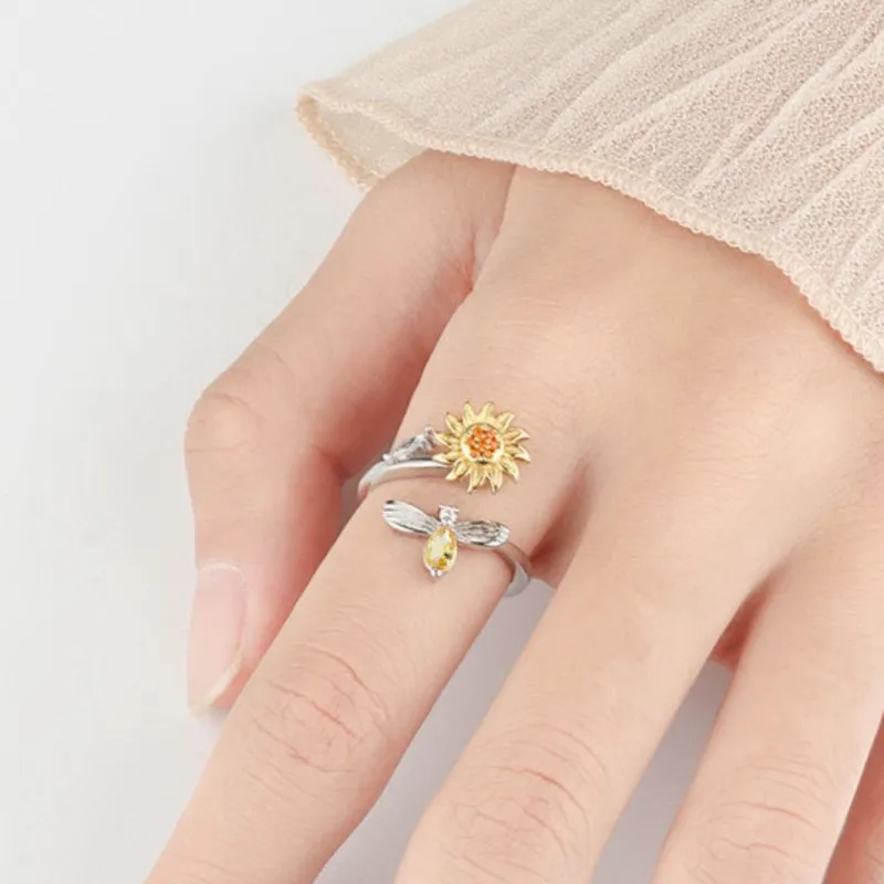 

ORJAER 925 Sterling Silver Diamond Zircon Sunflower Rotatable Ring For Women Relieve Stress Gift Ring Jewelry Wholesale