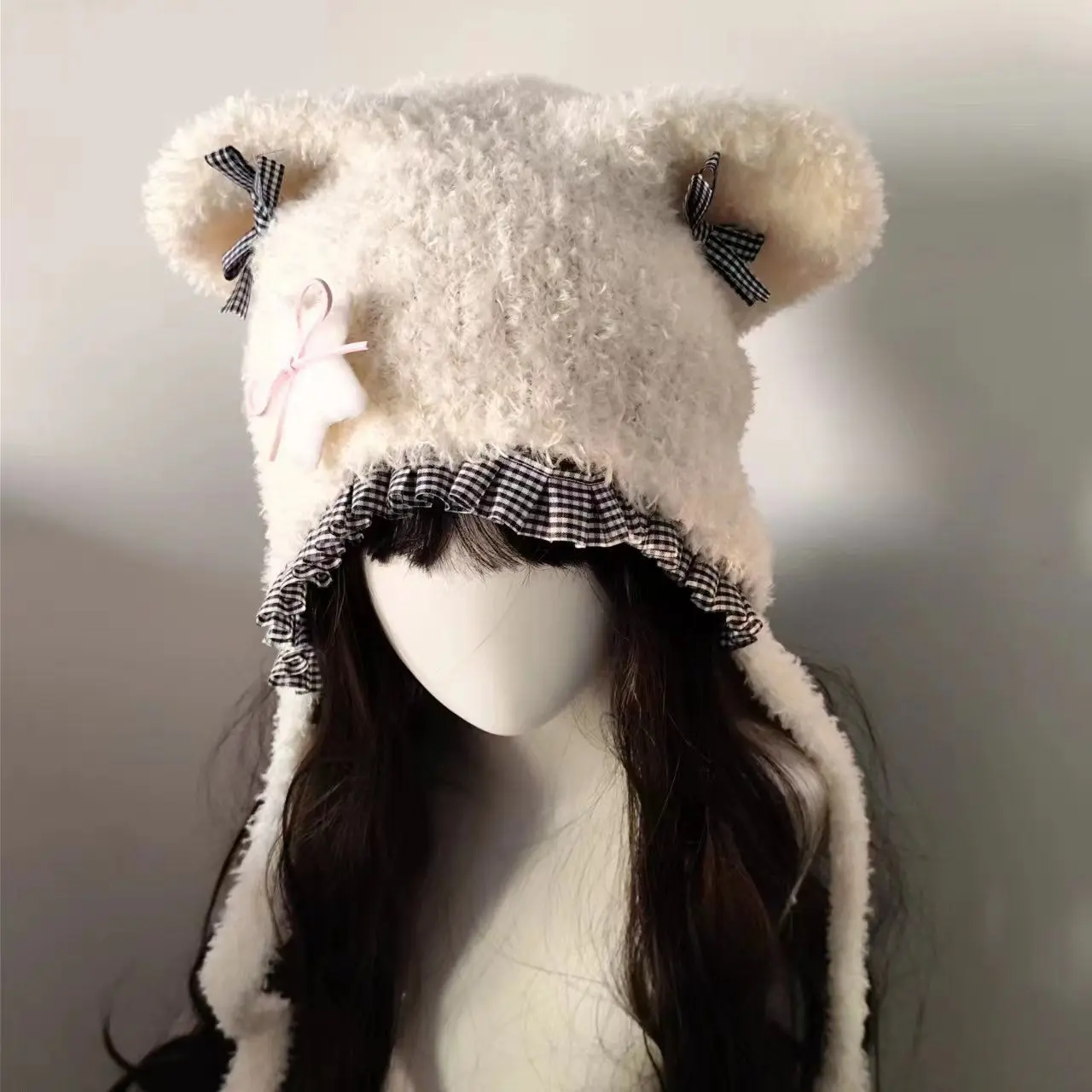 Japanese Kawaii Knitted Hat Women Cat Ear Bow Decoration Caps Y2K Autumn Cute Hat Keep Warm Scarf Harejuku