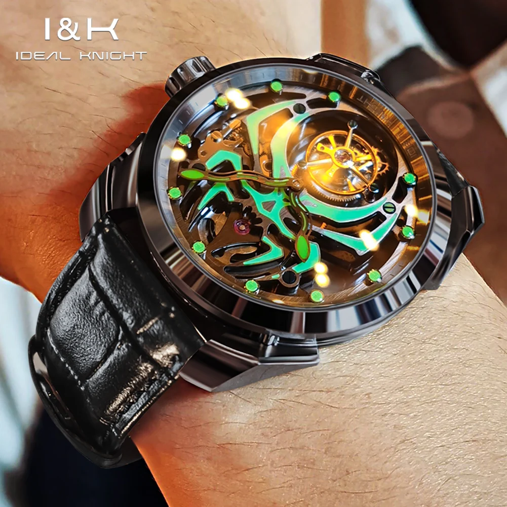 ساعة IDEAL KNIGHT NO:6802 Real Tourbillon للرجال هيكل عظمي عنكبوت مضيء من الفولاذ الأسود ساعة يد ميكانيكية أوتوماتيكية