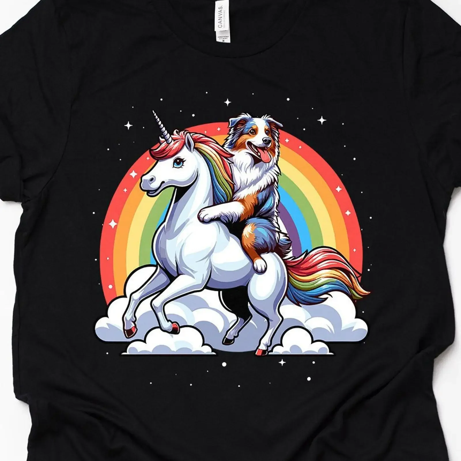 Funny Australian Shepherd Riding Unicorn T Shirt Galaxy Rainbow Space Aussie Dog Lover Casual for Adults Kids vintage Washed