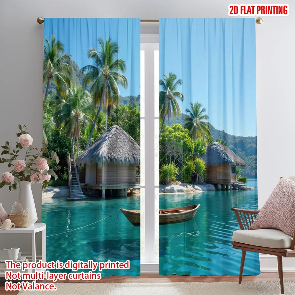 

2D flat printing 2pcs Party Window Curtains Tropical Island Paradise Digital Printed Polyester Drapes Family Party Decoration
