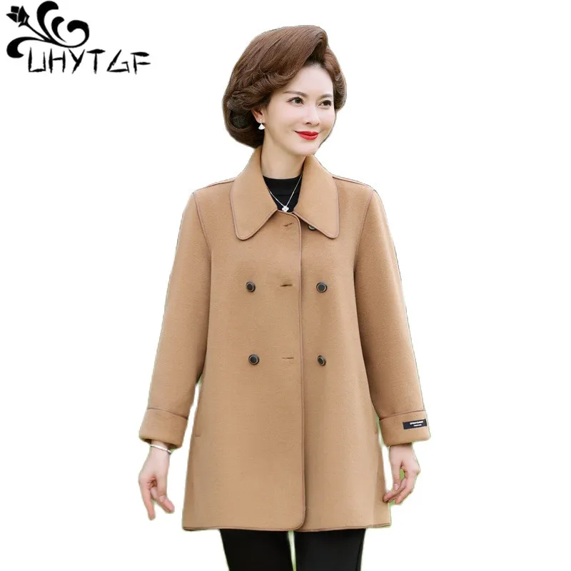 

UHYTGF Autumn Coat Women's Fashion Double-Breasted Loose Mom Jacket Quality Double-Sided Woolen Windbreaker Overcoat Female 2226