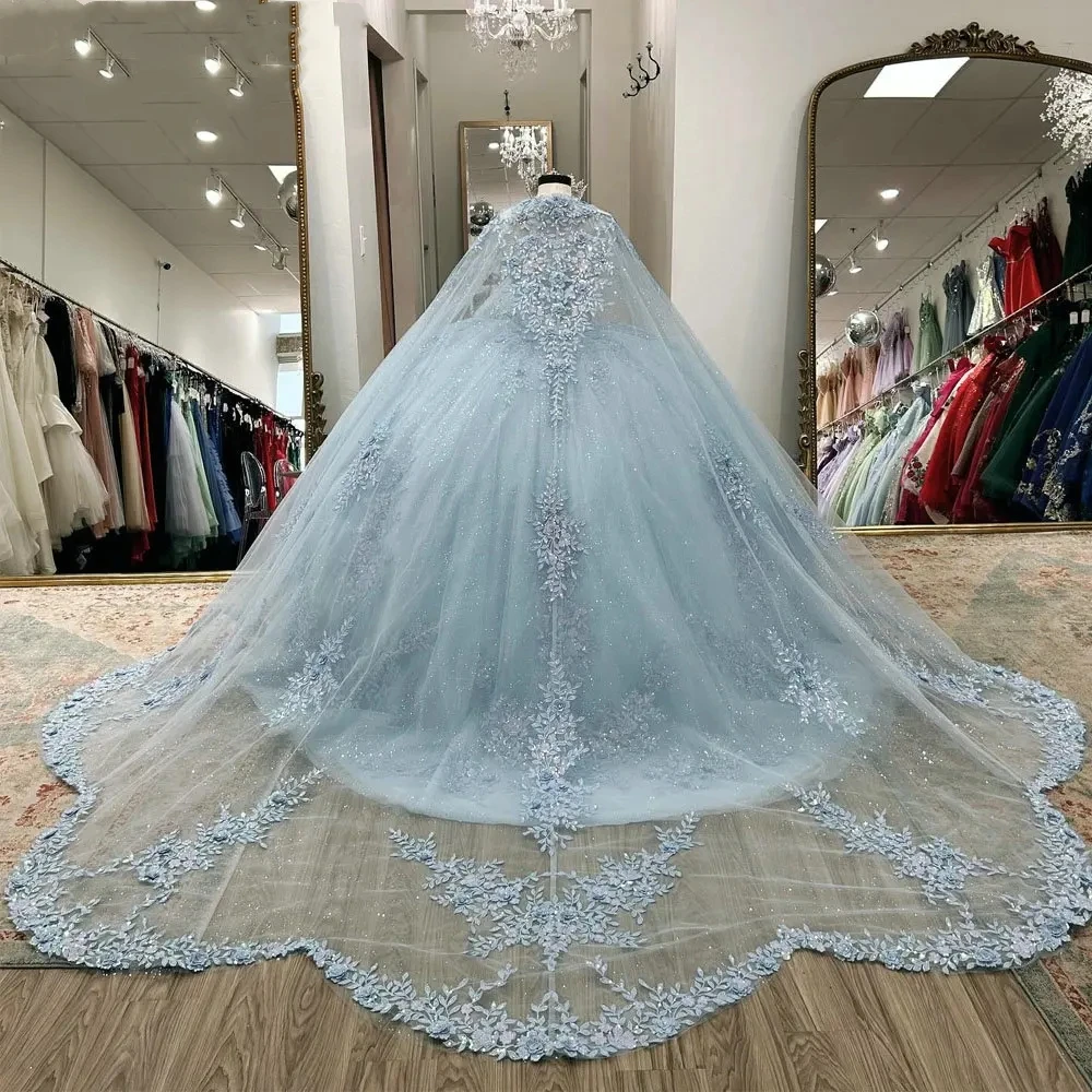 Luxury Light Blur 15 Girl Quinceanera Dress With Long Cape Lace Applique Big Ball Skirt 16 Birthday Party Prom Dress Dance Wear