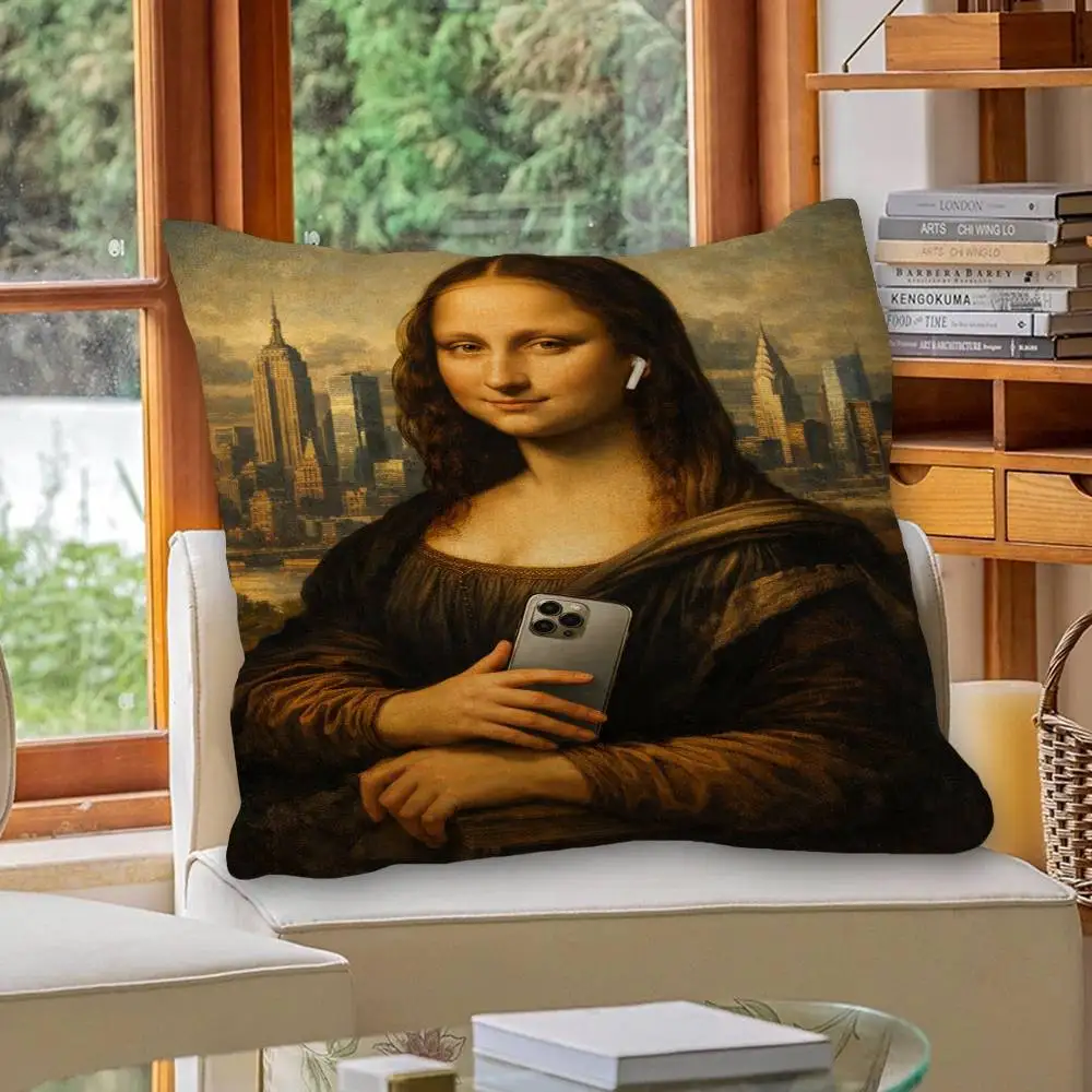 Funny Mona Lisa Wearing Pearls Girl With Roll Paper Pillow Covers Cartoon Sofa Decorative Home Double-sided Printing Short Plush