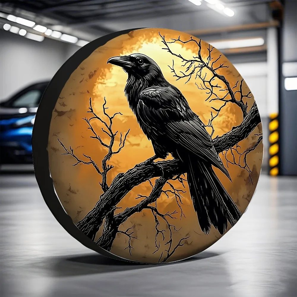 Dark Gothic Black Crow On Bare Tree Branch Full Moon Off-Road Tire Cover
