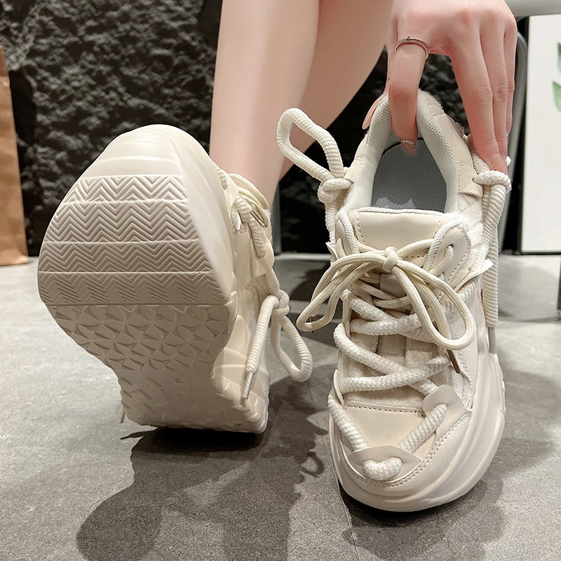 9.5CM Women Thick Leather Sneakers New Autumn High Platform Dad Shoes Women Casual Trainer Sneakers Thick Sole Vulcanize Shoes