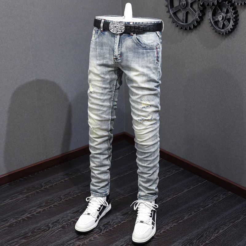 Street Fashion Men Jeans Retro Light Blue Plain Washed Elastic Slim Fit Ripped Jeans Men Patched Designer Vintage Pants Hombre