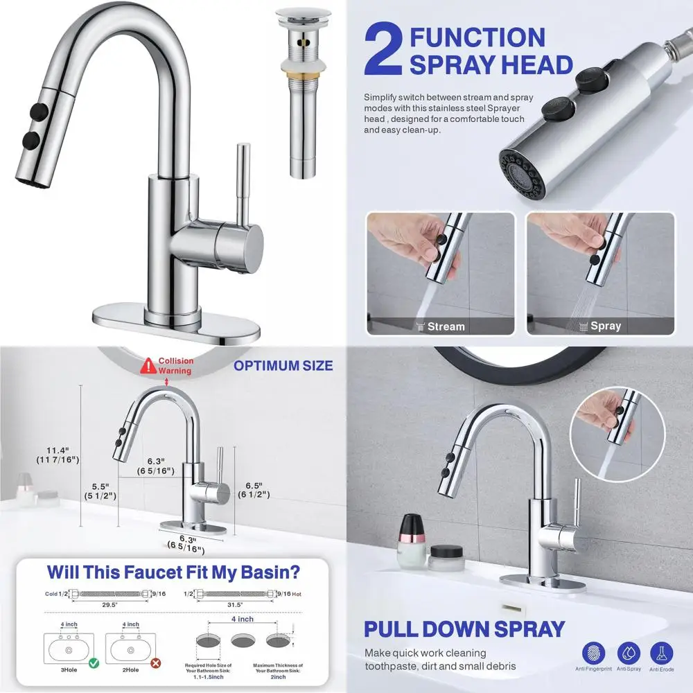 

Chrome Single Handle Pull-Out Spray Faucet with Pop-Up Drain for Bathroom Sink, 1 or 3 Hole Laundry Bar Basin Fixture
