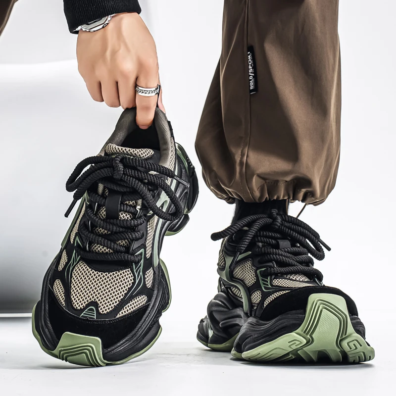 Herren-Dad-Sneaker, atmungsaktives Obermaterial aus großem Mesh, dicke Juteschnürsenkel, farblich abgesetzte dicke Sohle, höhenvergrößernd und rutschfest, retro-trendiger Stil, mehrere Farboptionen verfügbar, vielseitige Freizeitschuhe für den täglichen Arbeitsweg und die Straßenmode. – Detail 29