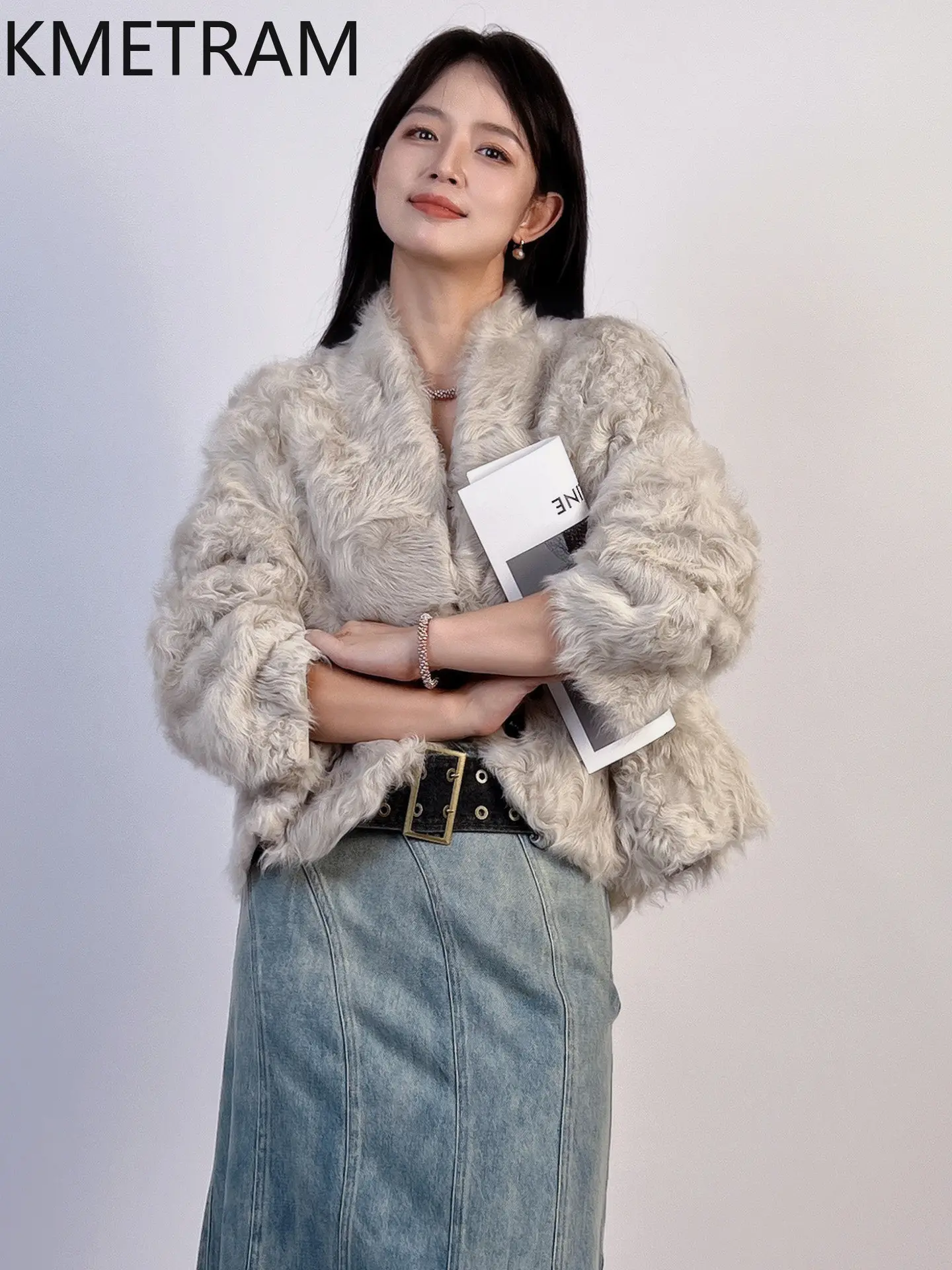 KMETRAM 100% Xiaohu Sheepskin with Wool Attached Coats Luxury Short Fur Jacket Real Fur Coat Woman Clothing 2026 Winter 57cm 퍼자켓