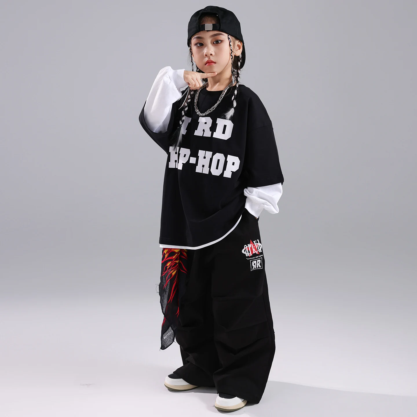 新しい子供社交ヒップホップダンス衣装女の子のためのルーズシャツ黒パンツストリートウェア男の子ジャズパフォーマンススーツ DQS21217