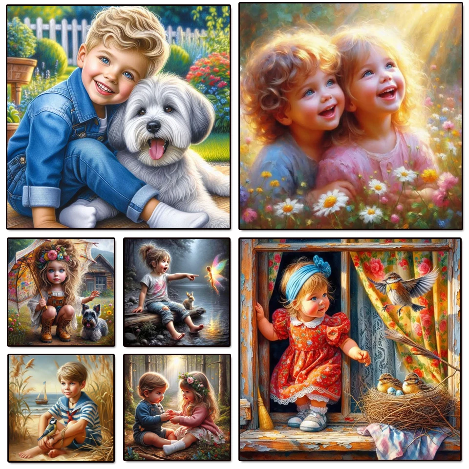 5D DIY Diamond Painting Art New Arrival Cute Girl Boy Mosaic Embroidery Kit Rhinestone Animals Pet Dog Cross Stitch Home Decor