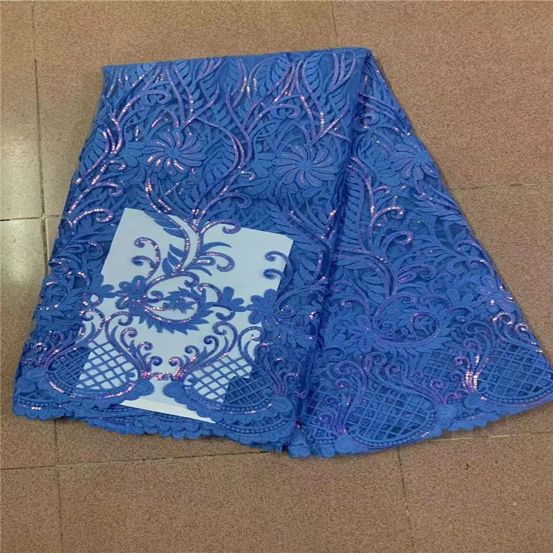 Embroidered French Tulle Lace Fabric for Nigerian Wedding, High Quality, Blue African Sequins, 2023