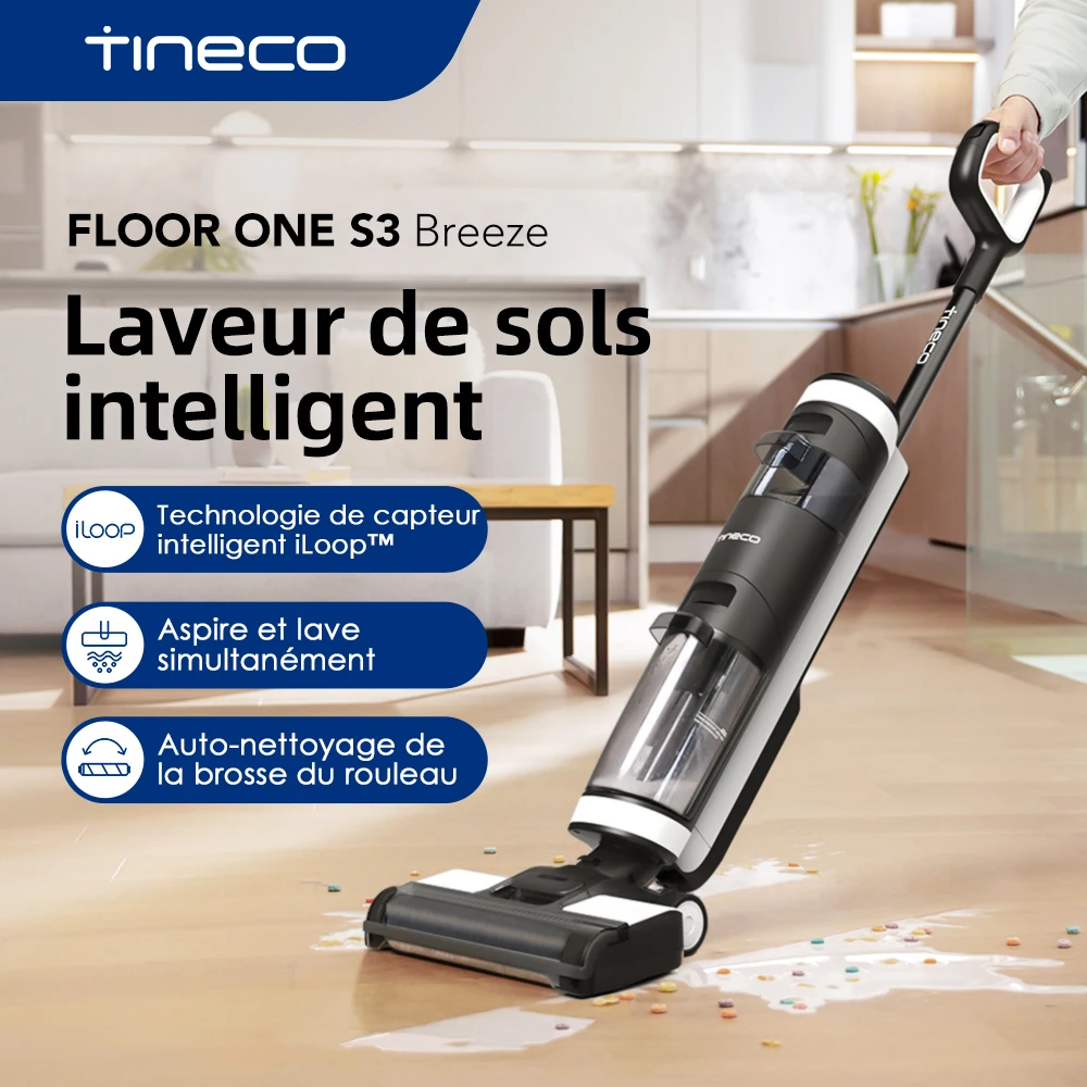 Tineco Floor One S3 Breeze aspirateur Balai électrique sans fil pour lavage à sec et humide, appareil ménager à auto-nettoyage et contrôle intelligent via application mobile