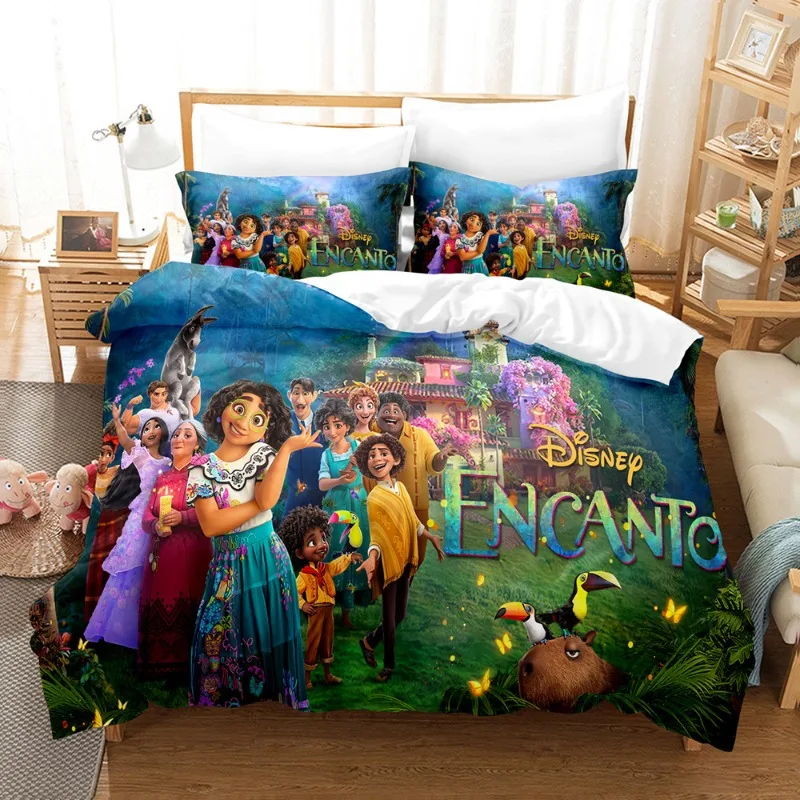 

Домашний пододеяльник Disney Cartoon Encanto, комплект постельного белья для девочек с 3D принтом, комплект из трех предметов с застежкой-молнией и наволочкой
