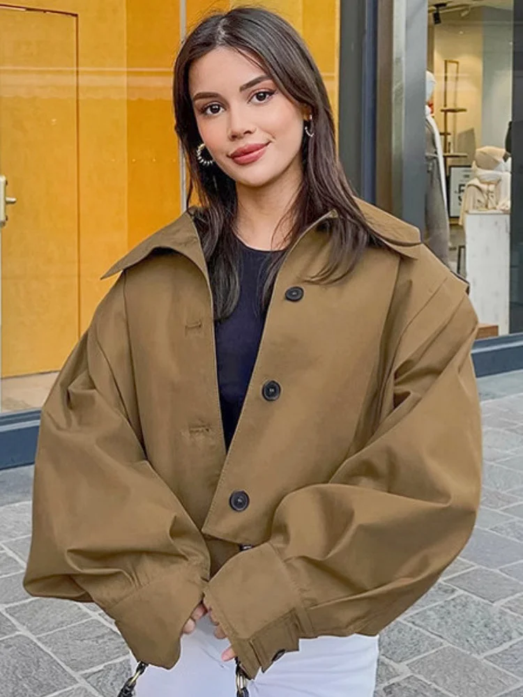 

Women Street Pleated Crop Jacket Casual Front Button Lapel Collar Long Sleeve New 2025 Female Coat Chic Lady Outerwear