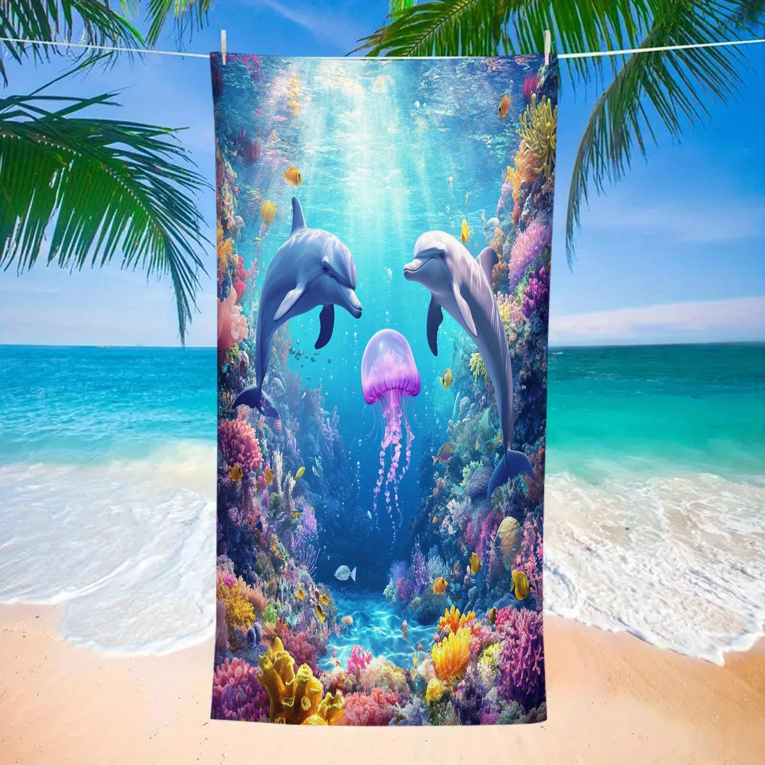 Enchanting Dolphin and Jellyfish Print Beach Towel: Bring Ocean Life's Magic and Vibrant Colors to Your Summer Adventures