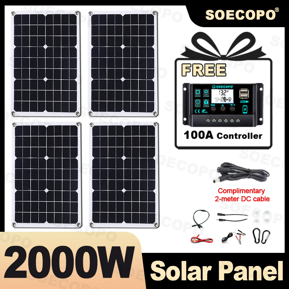 

SOECOPO 2000W Portable Solar Panel Kit with 4*500W Panels Free 100A Controller Dual USB 5V for Camping Charge Phone Home