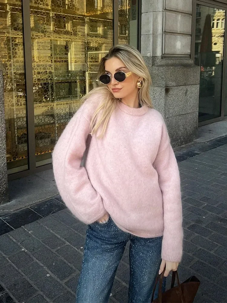 Fashion Pink O Neck Basic Knitted Pullover Women Chic Long Sleeve Loose Mohair Warm Sweater Autumn New Lady Casual Knitwear Top