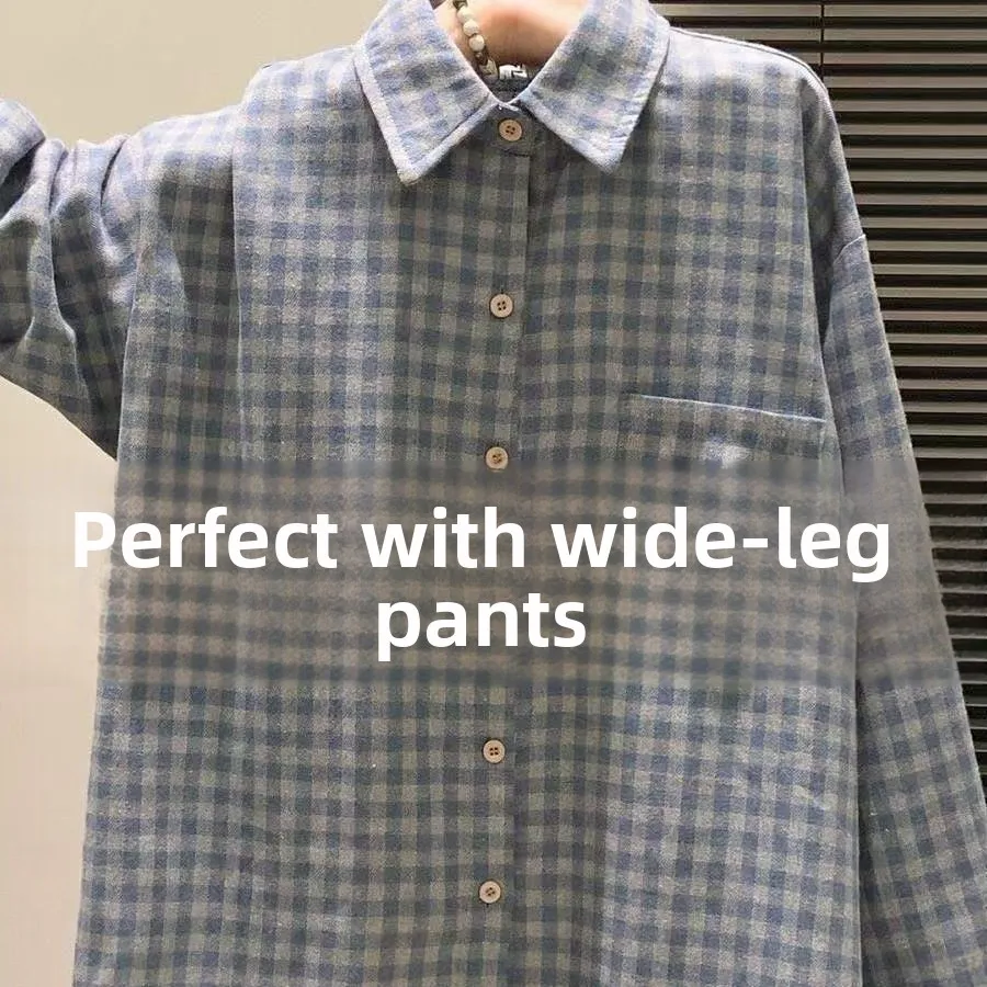American Retro Plaid Shirt Women's Outerwear Summer Loose Long Sleeve Turn-down Collar Lazy Style Yellow Top Coat Shirt
