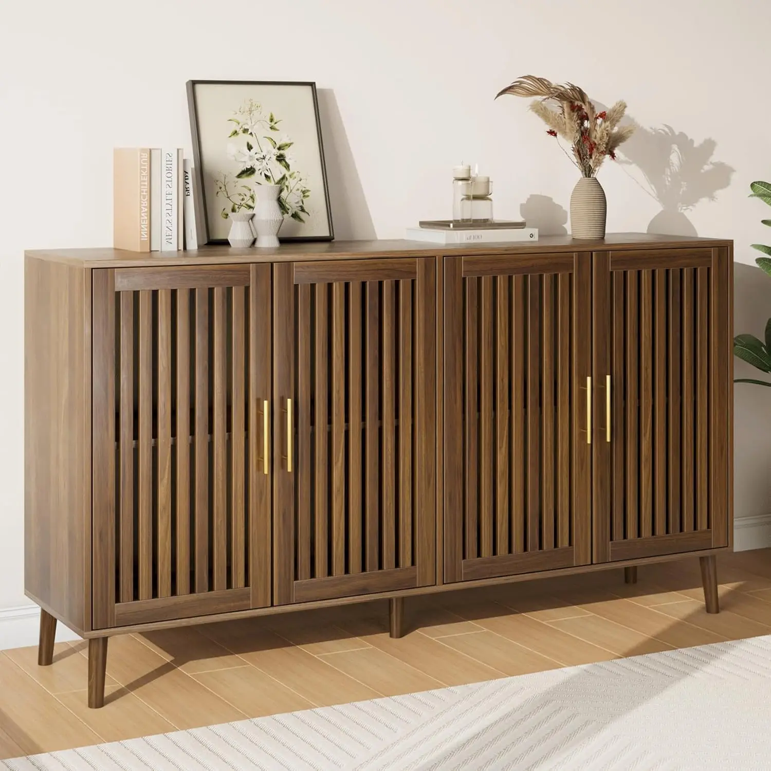 

63"" Long Sideboard Buffet With 4 Louvered Doors, Farmhouse Buffet Storage Cabinet With Gold Handle, Coffee Bar Cabinet For