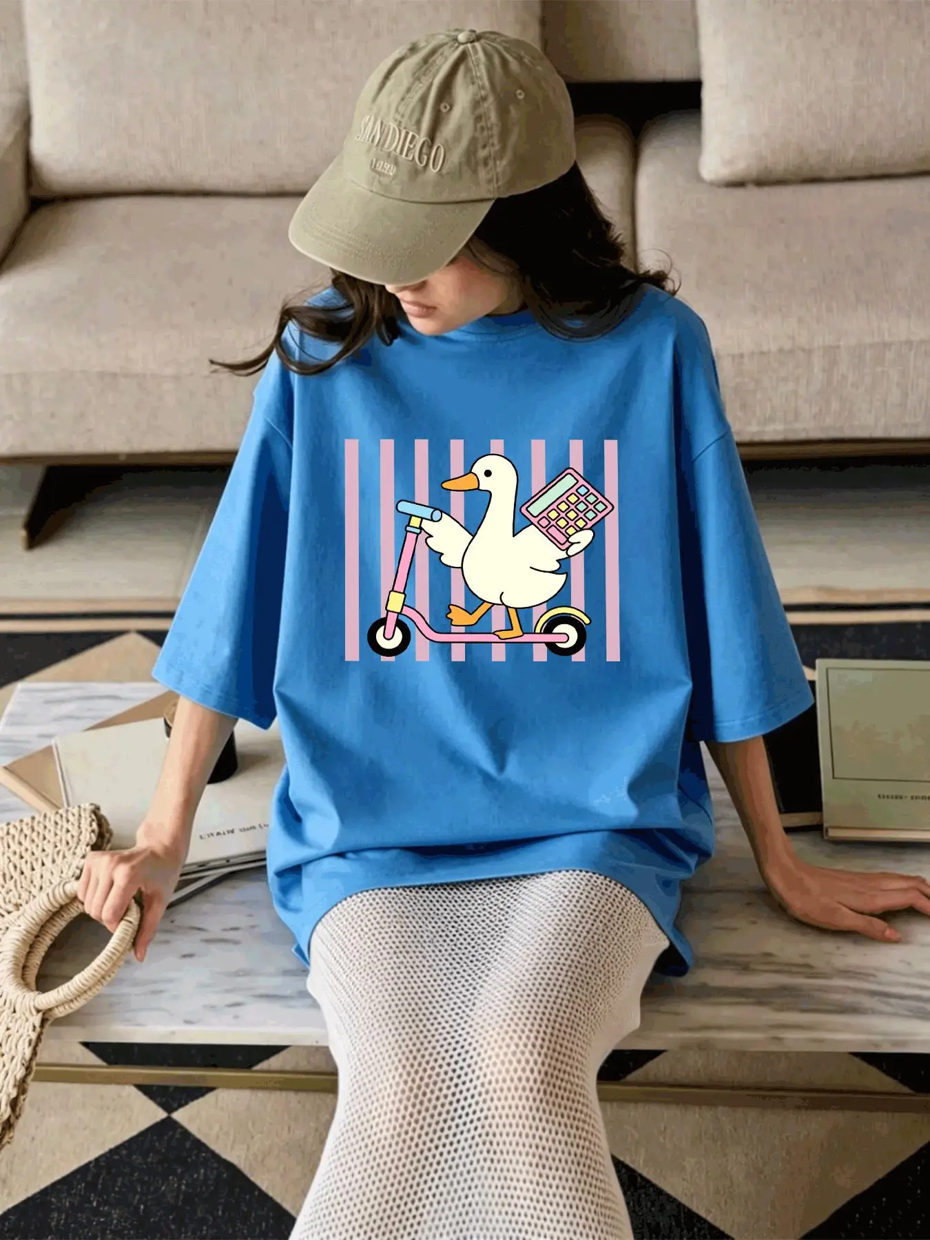 Funny Duck On Scooter Printed T-Shirt Women'S Cotton Loose T Shirts Summer Short Sleeves Comfortable Crewneck Y2K Streetwear